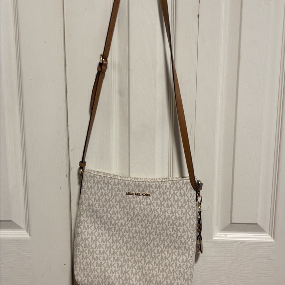 Michael Kors Signature White and Tan Crossbody Bag